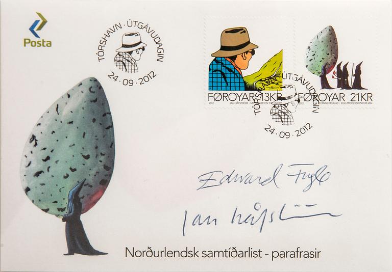 Jan Håfström, två frimärksark samt signerat kuvert. 2012.