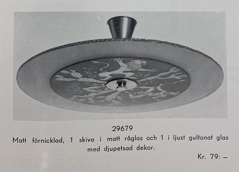Edward Hald, & Erik Tidstrand, a rare "The 4 Winds" ceiling lamp model "HD 656"/"29679", Orrefors & Nordiska Kompaniet, 1930s.