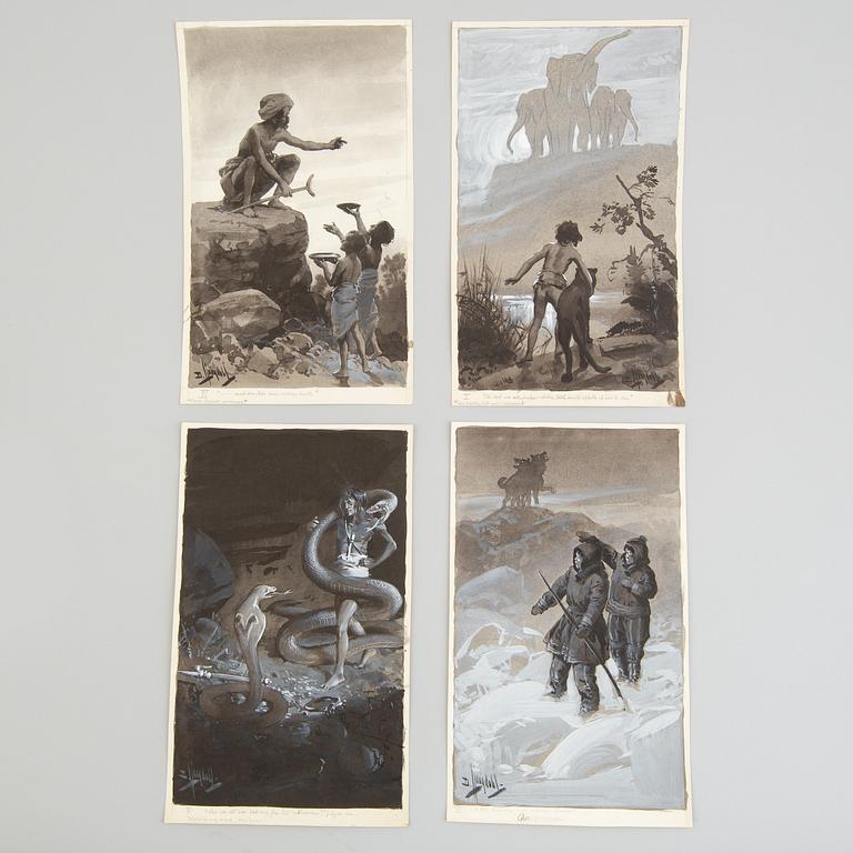 DAVID LJUNGDAHL, illustrationer, 8 st, tusch och täckvitt, signerade D. Ljungdahl. "Den andra djungelboken".