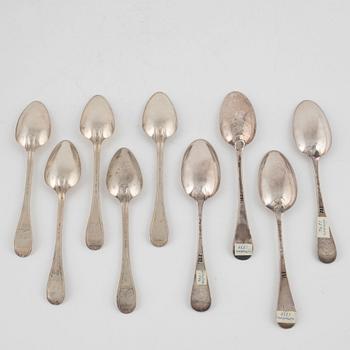 Four english place spoons, including William Soame, London, 1734, and five place spoons by Nils Wendelius, Sweden, 1837.