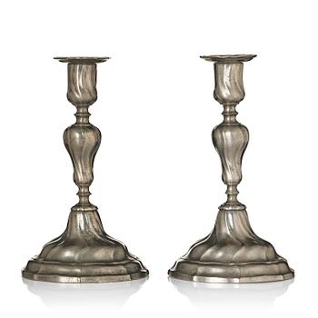 168. A pair of rococo pewter candlesticks, mark of Johan Bruhn, Västervik 1782.