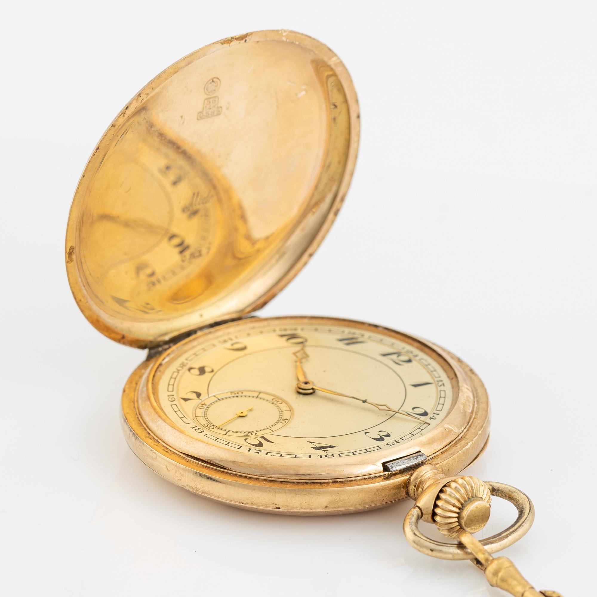 Mido pocket watch hunter 14K gold chain in 18K gold 52 mm. Bukowskis