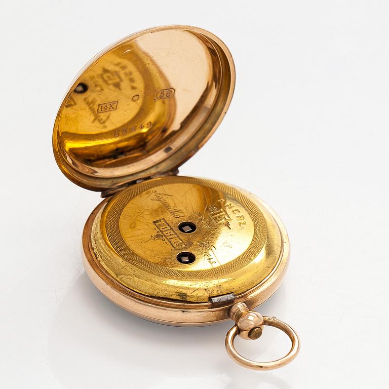 Pocket watch, Tobias, 34 mm, 14K gold, lever escapement, plastic crystal.