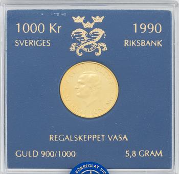 Two Swedish gold coins, 1000 kronor, 1989 and 1990. Weight 5,8 gram (each).