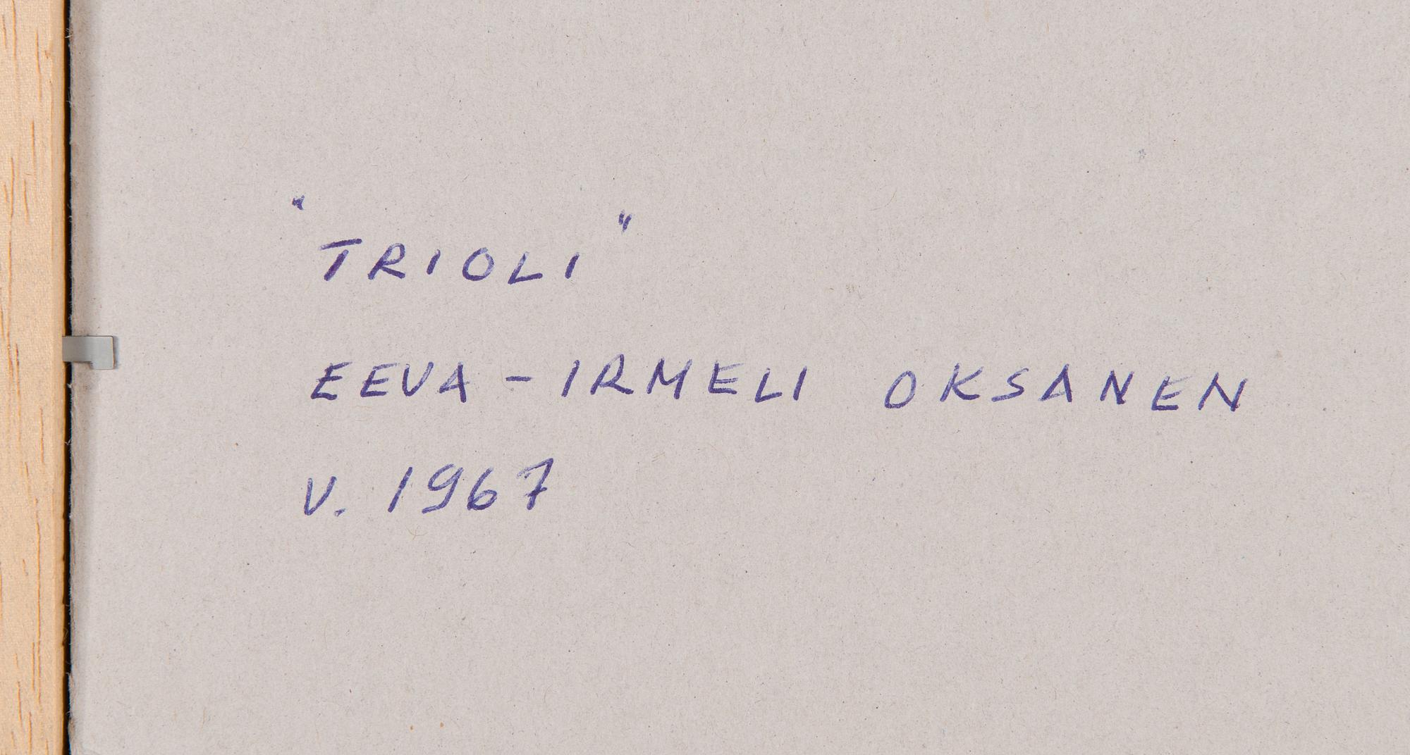 Eva-Irmeli Oksanen, kuvakudos, merkitty ja päivätty 1967 a tergo.