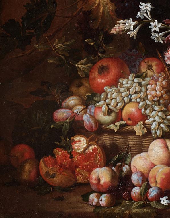Abraham Brueghel & Guillaume Courtois Tillskriven, Allegorisk kvinnofigur med blommor och frukter.