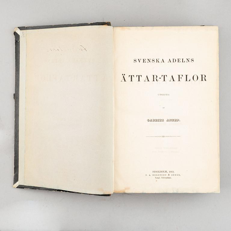 Bokverk, 9+4, "Svenska Adelns Ättartavlor", av Gustaf Elgenstierna, samt "Svenska adelns Ättar-taflor", av Gabriel Anrep.