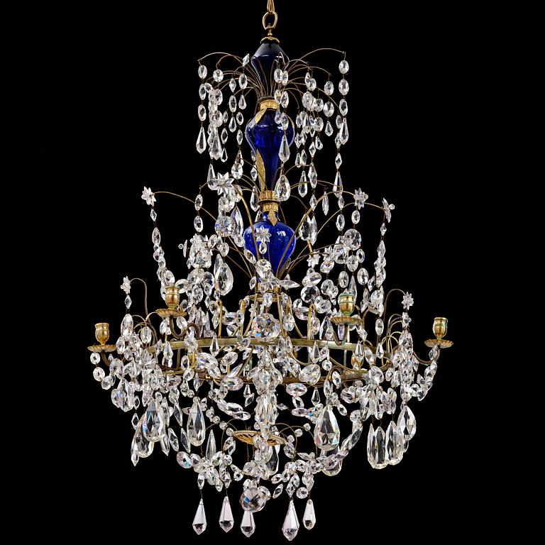 A Russian / Northern European Louis XVI-style gilt brass and blue glass six-branch chandelier, 19th century.