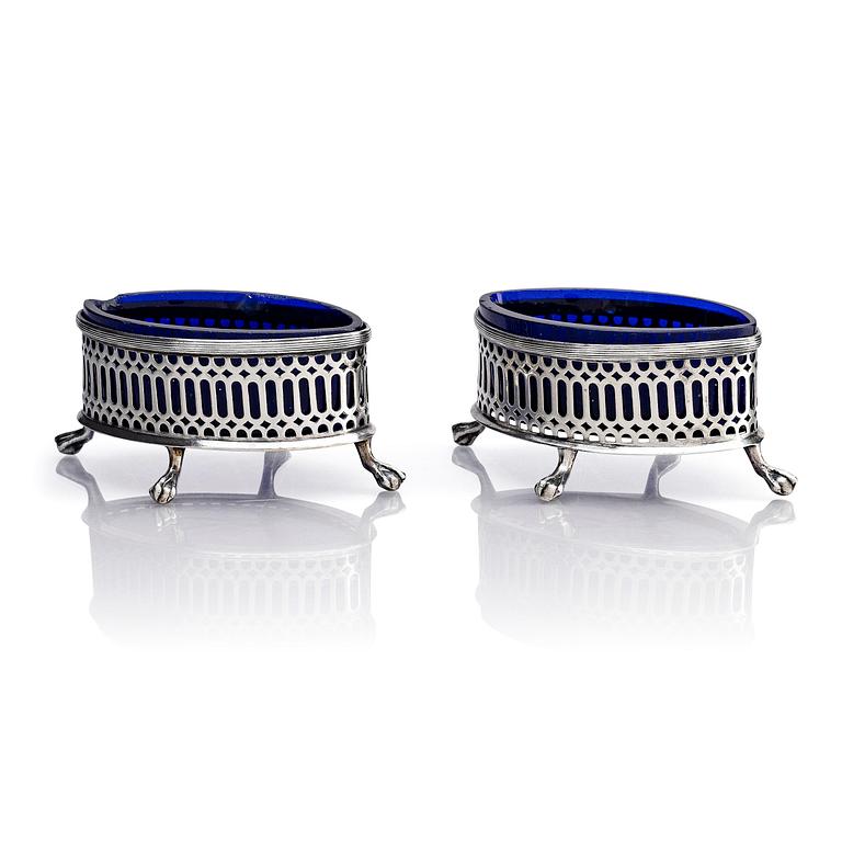 A Swedish pair of 18th century silver and blue glass salt cellars, mark of Pehr Zethelius, Stockholm 1797.