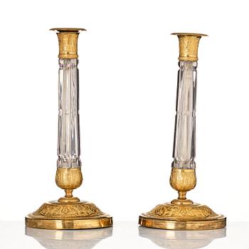 A pair of Russian ormolu and cut-glass Empire candlesticks, presumably St Petersburg, ca 1820.