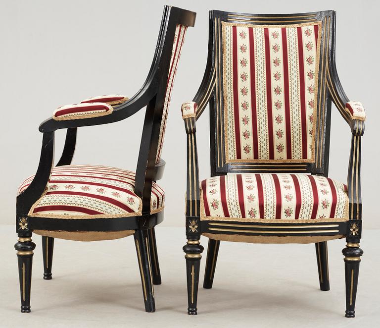 KARMSTOLAR, ett par, gustaviansk stil, 1900-talets mitt.