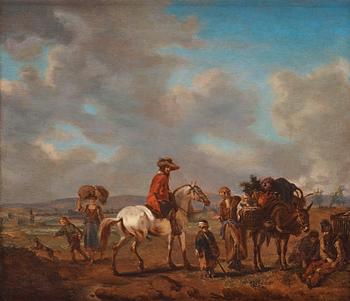 672. Philips Wouwerman Circle of, Landscape with rider on white horse, pack mule and figures.