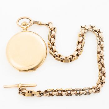 Pocket watch, 14K gold, hunter case, 49.5 mm, with chain.