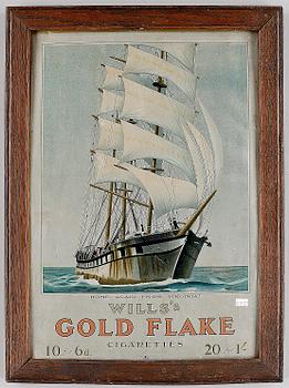 REKLAMSKYLT, plåt, "Wills´s Gold Flake",1900-talets första hälft.