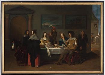 Christoph Jacobsz van der Lamen Circle of, Elegant company eating, drinking and music-making.