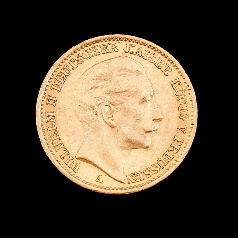 GULDMYNT, 20 mark, Wilhelm II, 1910. Vikt ca 8 gram.