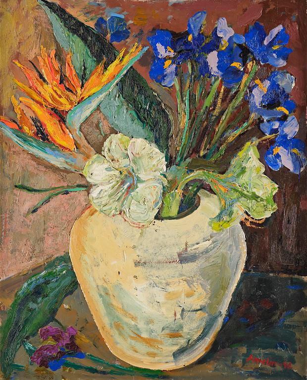 Albin Amelin, Still life with parrot flowers, iris, and white amaryllis.