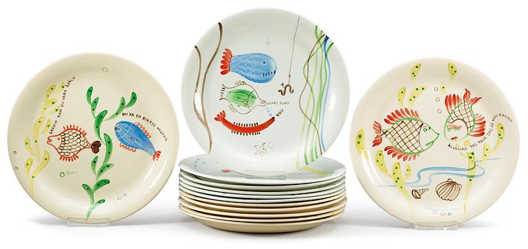 A set of thirteen Stig Lindberg creamware plates 'Löja', Gustavsberg 1948-62, model WB.
