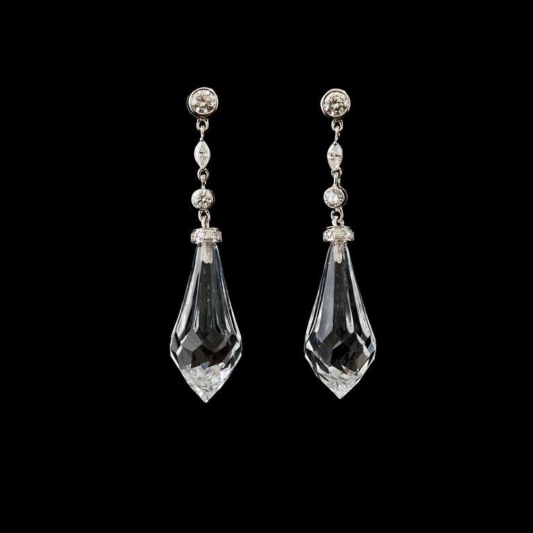 A pair of briolette rock crystal, total circa 20.09 cts, and diamond, total circa 0.74 ct, earring.