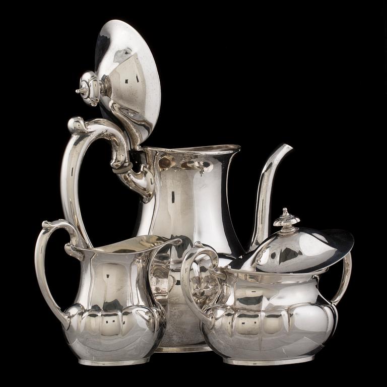 KAFFESERVIS, 3 delar, silver, rokokostil, svenska importstämplar. Ca 1.400g.