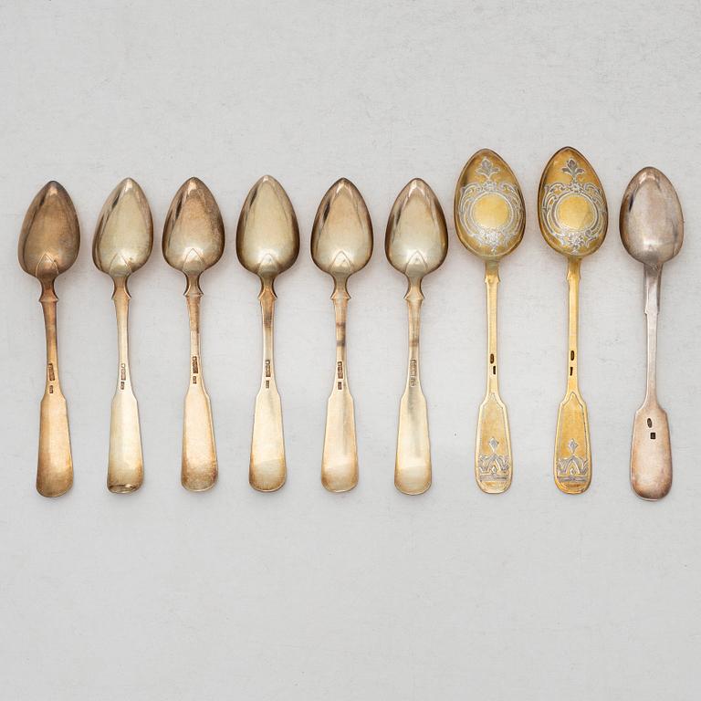 Nine Russian silver spoons, including St Petersburg 1828.