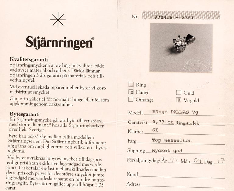 BRILJANTHÄNGE m KEDJA 18K vitguld 1 briljant 0, 77 ct TW SI, Stjärnringen certifikat 1997.
