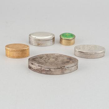 Dosa, guld, samt dosor, 4 st, silver. 1800-1900-tal.