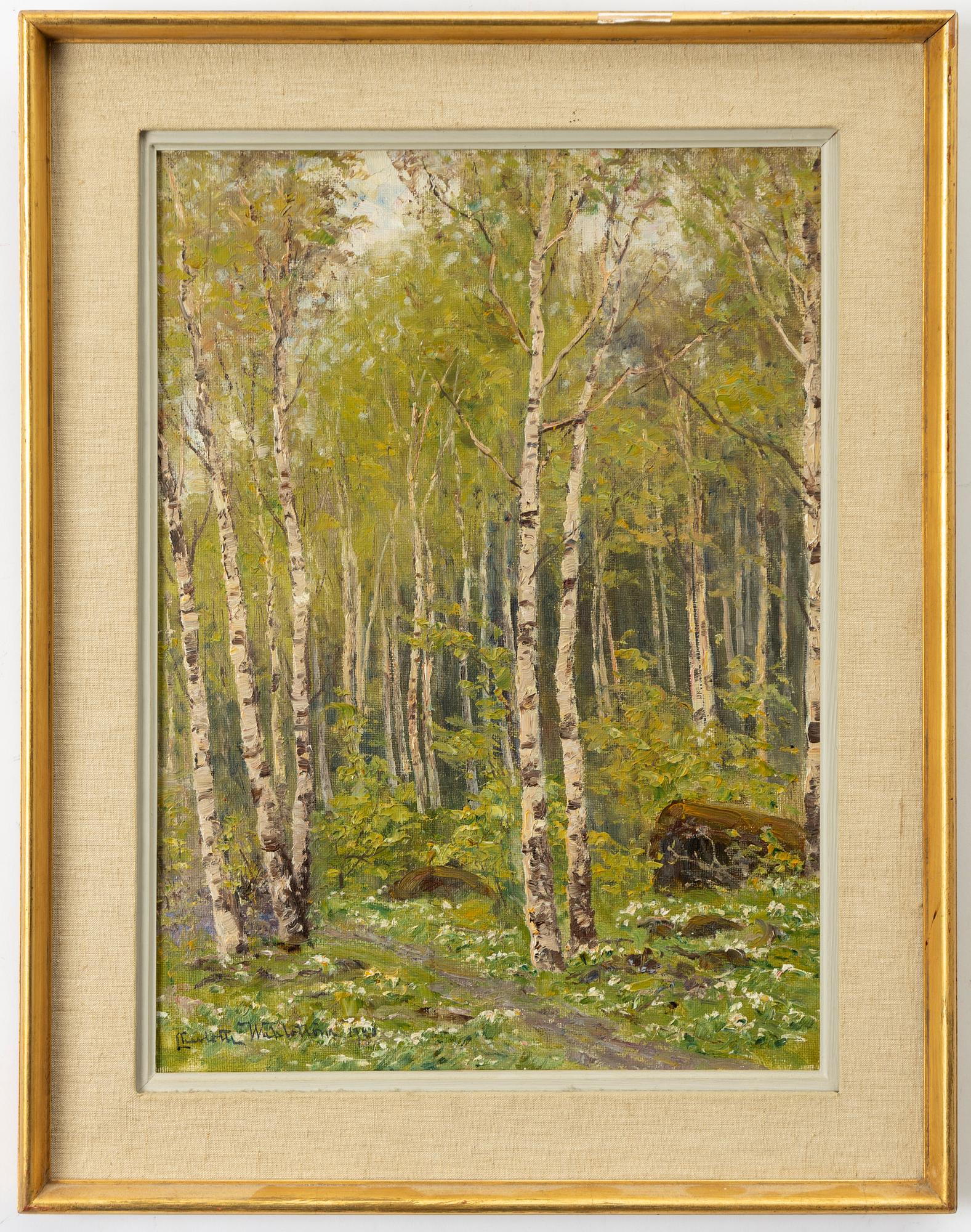 Charlotte Wahlström, Spring landscape with birches and wood anemones.