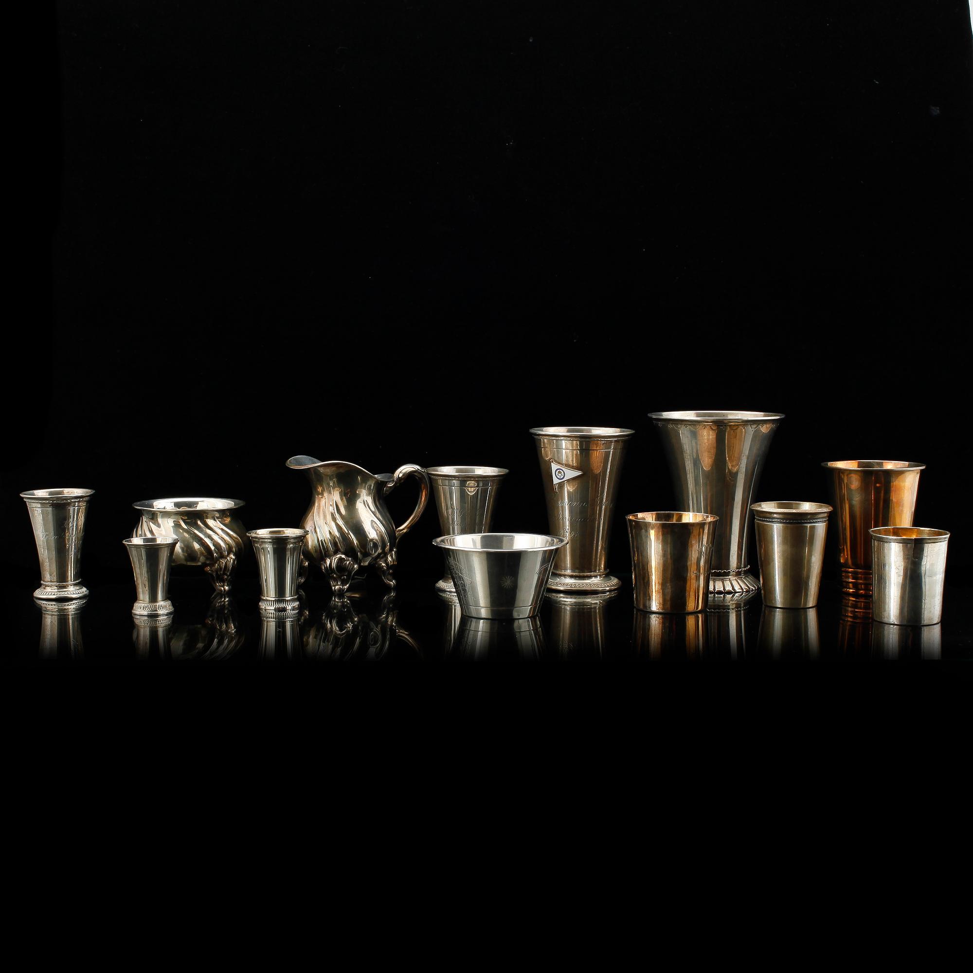 PARTI SILVER, 13 delar. Bl a GAB Stockholm 1895. Tot ca 620 g.