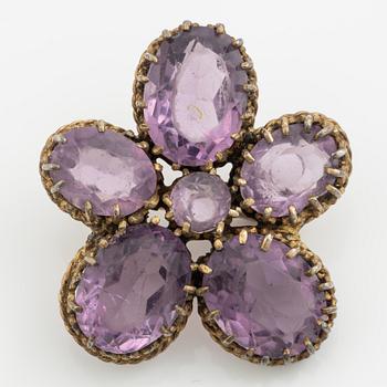 Garniture, necklace and bracelet silver with amethysts, brooch gold-coloured metal with purple paste stones,
