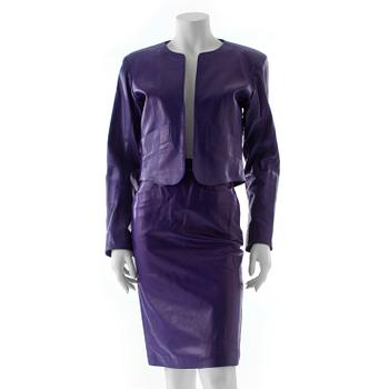 YVES SAINT LAURENT, a purple leather two-piece dress consisting of jacket and skirt.