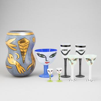 Ulrica Hydman-Vallien, a glass vase, goblet, and six glasses from Kosta Boda, signed and numbered.