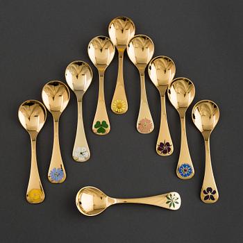 Ten guilded silver spoons, Georg Jensen, Denmark, 1971-1980.