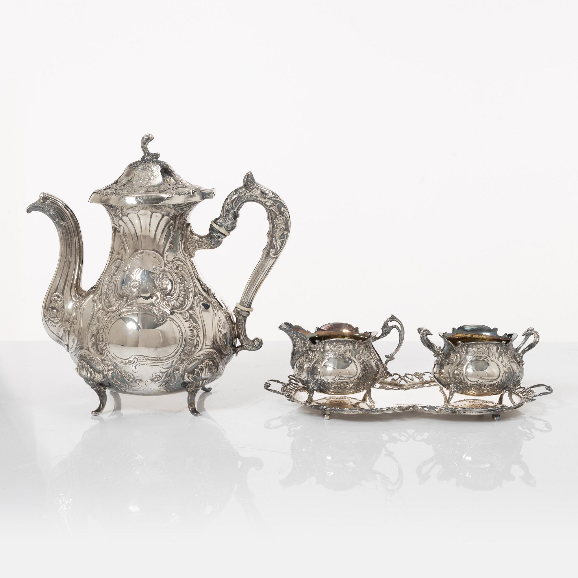 Kaffeservis, 4 delar, silver, rokokostil, GEWE, Stockholm 1976.