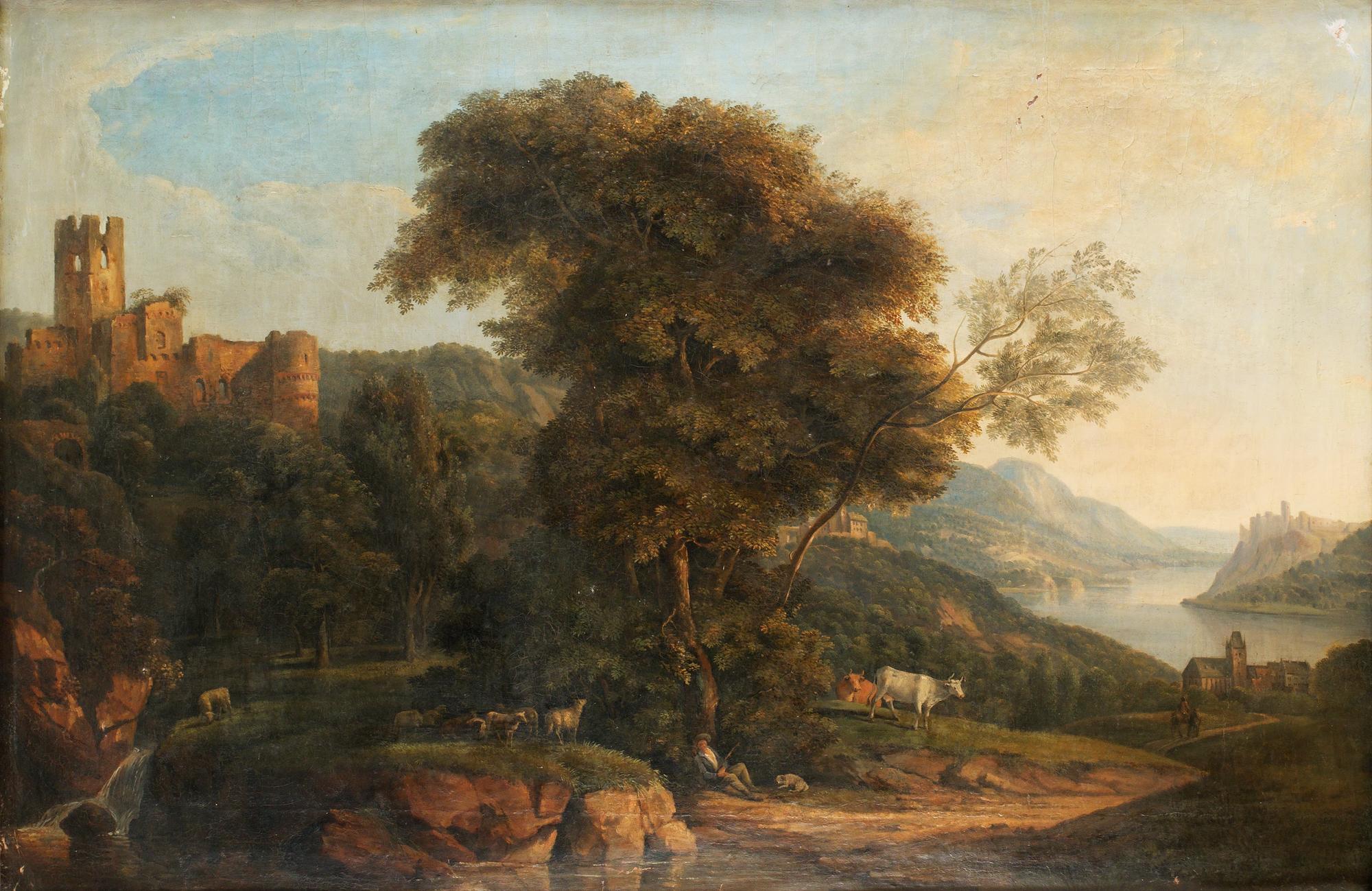 Pastoralt landskap med vilande herde.