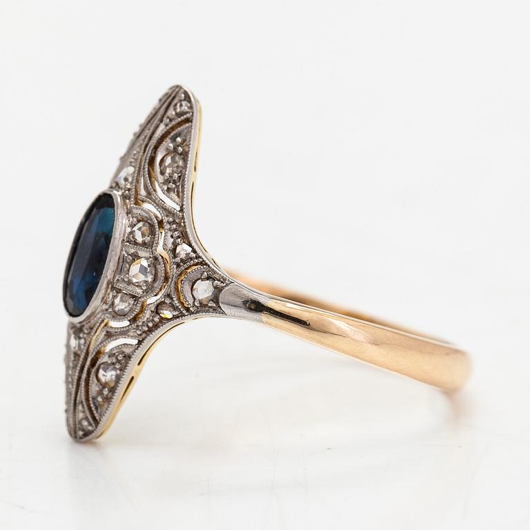 Ring, 18K guld/platina, safir samt rosenslipade diamanter.