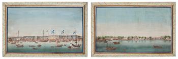 1148. A pair och Chinese Export paintings depicting the Hongs of Canton and buildings along the river, late 18th century.