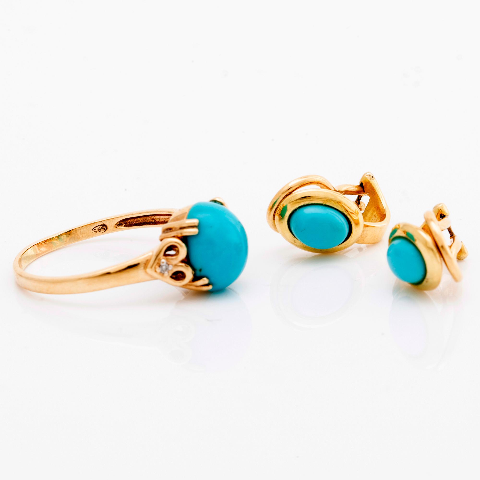 EARRINGS 14 K gold turquoises, diamonds approx 0,01 ct.