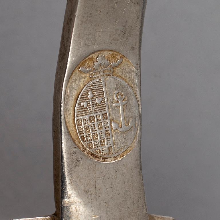 A Swedish 18th century siver sauce ladle and three forks, unidentified makers mark, Stockholm 1778.