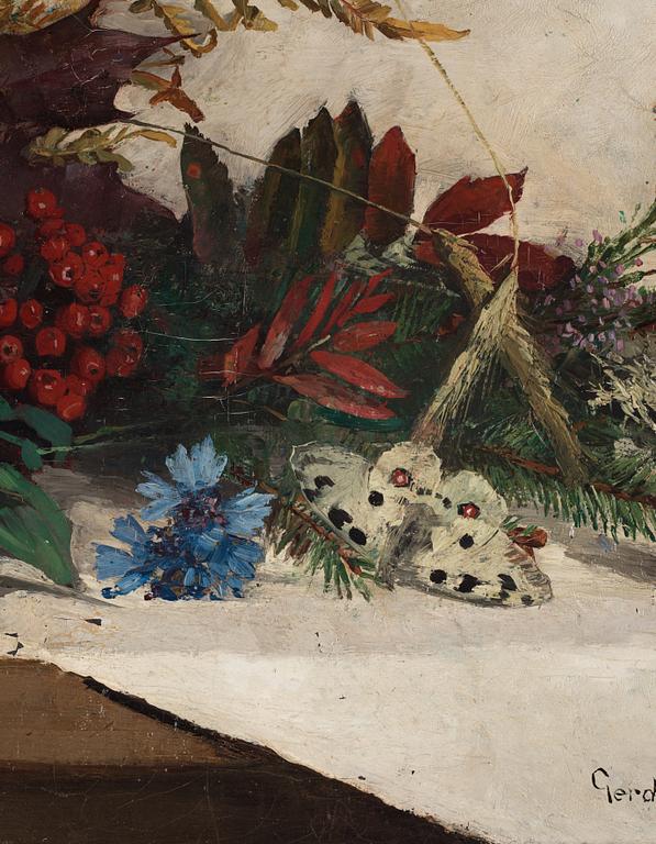 Gerda Tirén, Still life with berries and butterfly.