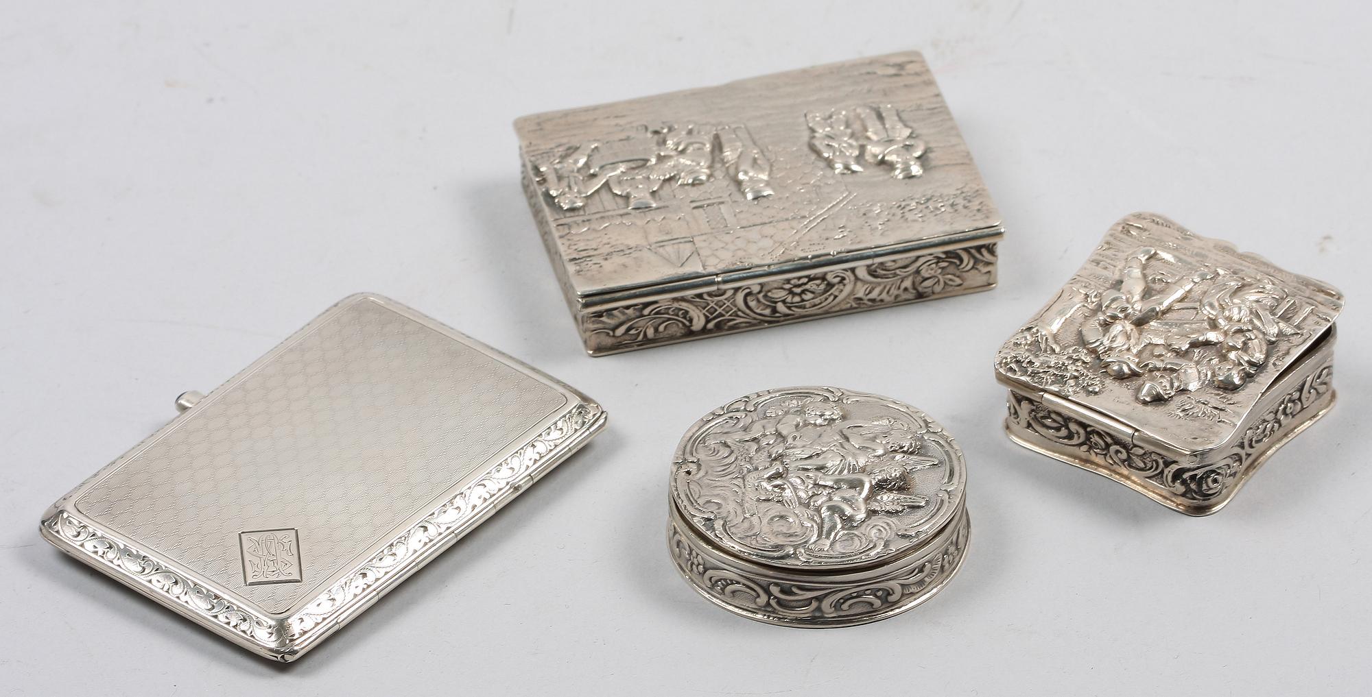 DOSOR SAMT ETUI, 4 st, silver, svenska importstämplar, 1900-tal.