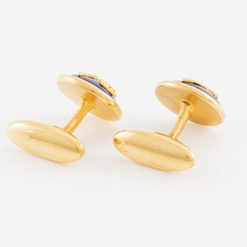 Pin, 18K guld med emalj och diamanter, SAS. Manschettknappar, Sporrong & Co, förgylld metall medföljer.