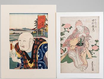 UTAGAWA KUNISADA, även kallad Toyokuni III (1786-1864), samt TOYOKUNI I,färgträsnitt, två st. Japan. "Skåderspelerskor".
