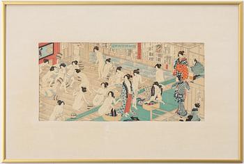 A Japanese woodblockprint by Utagawa Yoshiiku (1833-1904) 'Quarreling and Scuffling in Women's Bath-House', early 20th.