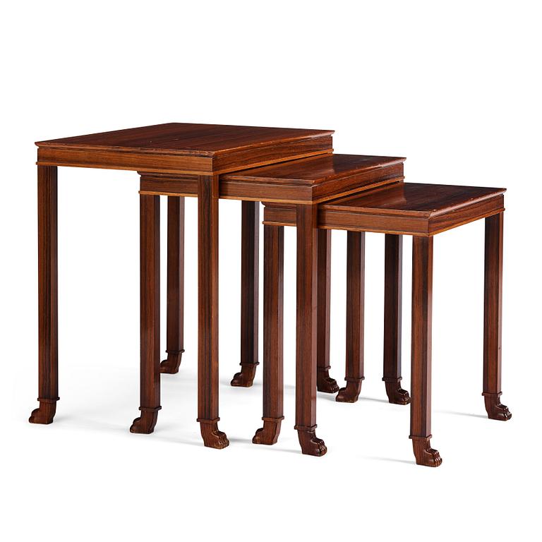 Axel Einar Hjorth, a set of three occasional palisander tables, "Caesar", ordered as a special commission, Nordiska Kompaniet, Sweden 1937.