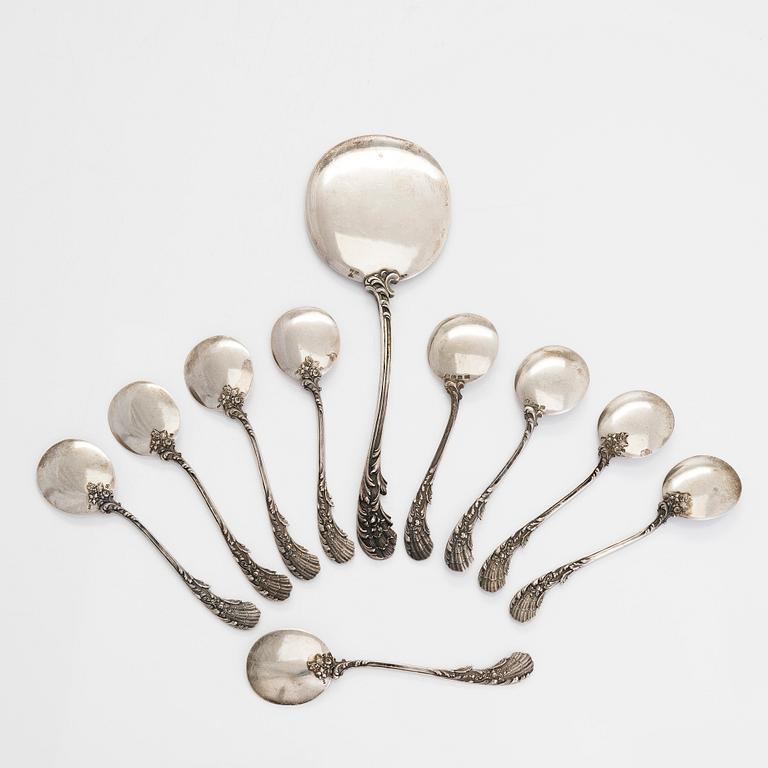 Glasskedar, 9 st, och serveringsspade, silver, Tyskland 1900-talets första hälft.