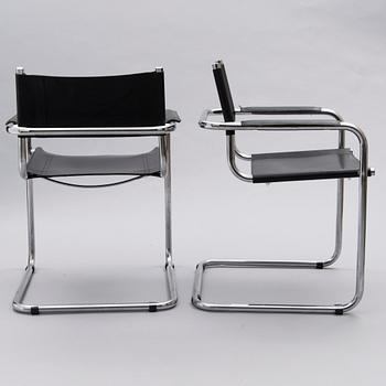 A Set of Three Chrome and Black Leather Chairs.