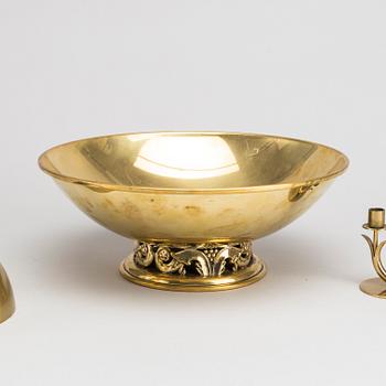 A mid 1950's Ysted Metall brass bowl and 3 candleholders-.