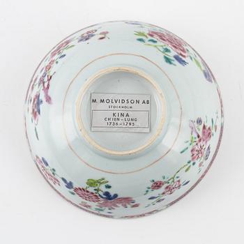 A famille rose dish, sauce boat and bowl, Qing dynasty, 18th Century.