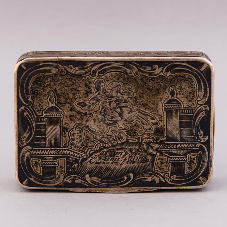 SNUFF BOX, silver with niello decoration, Moscow probably 1826, goldsmith OB.